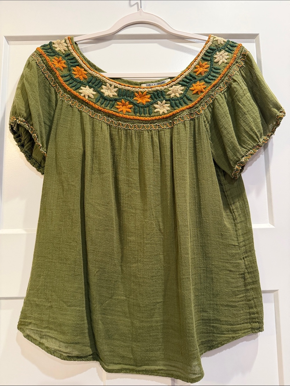 Lucky Brand Olive Green Embroidered Scoop Neck Tunic Fall Blouse Small